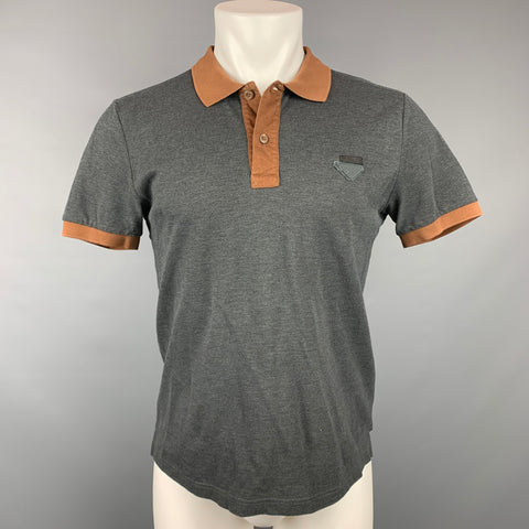 PRADA Size M Charcoal & Brown Pique Buttoned Polo