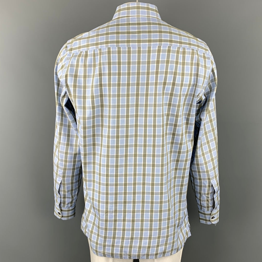 ERMENEGILDO ZEGNA Taille L Chemise à manches longues boutonnée en coton à carreaux bleu et olive