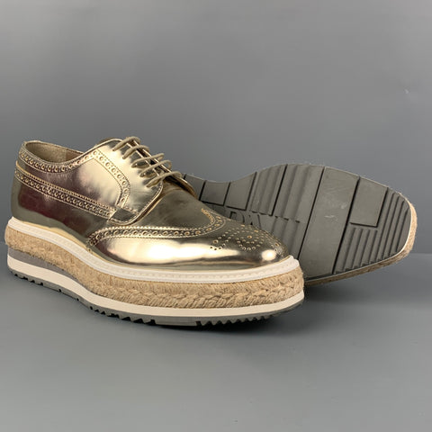 PRADA Size 6.5 Gold Leather Perforated Wingtip Lace Up Shoes