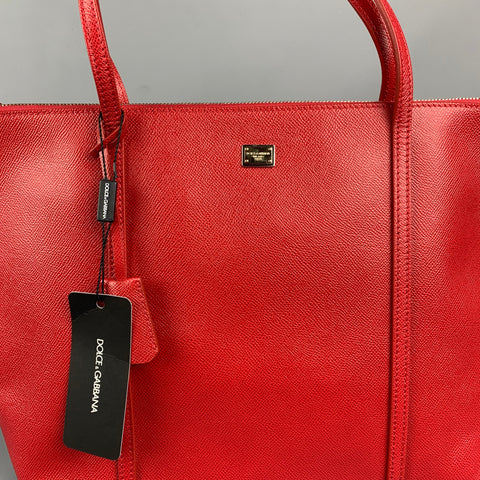 DOLCE & GABBANA Red Textured Leather Shopping Vitello Stampa Dauphi Tote