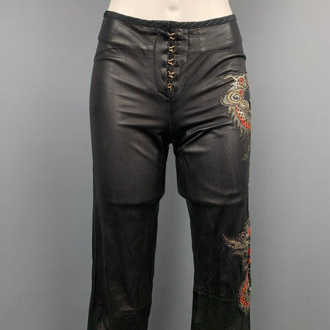 ROBERTO CAVALLI Printemps 2003 Taille S Pantalon décontracté en cuir brodé dragon noir et rouge