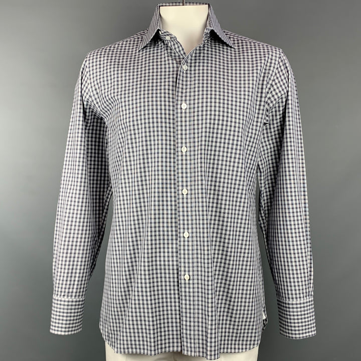 TOM FORD Taille XL Chemise à manches longues boutonnée en coton à carreaux gris et blanc
