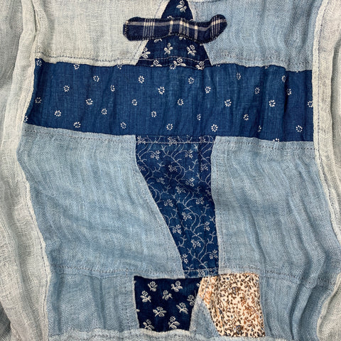 KAPITAL Light Blue Patchwork Linen / Cotton Raw Edged Scarf