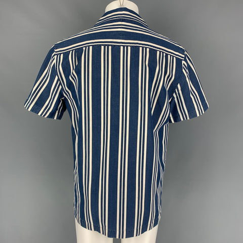 MR P. Size M Blue White Stripe Cotton Blend Short Sleeve Shirt