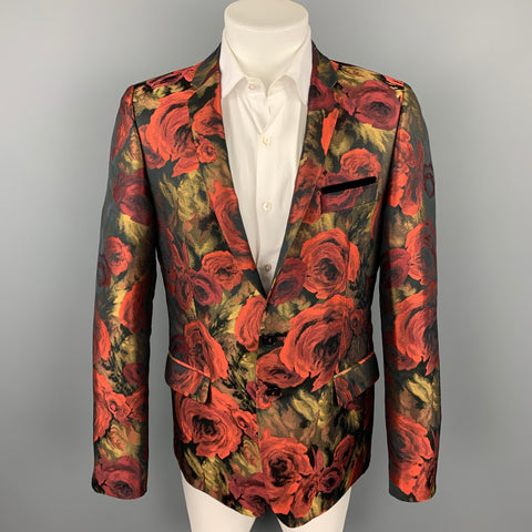 LORDS & FOOLS Size 44 Red & Gold Floral Polyester Notch Lapel Sport Coat