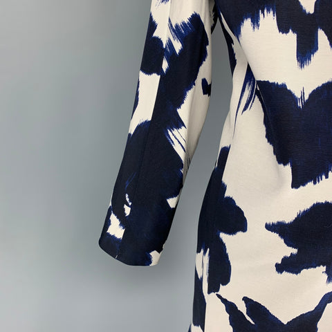 DELPOZO Size 6 Navy White Viscose Abstract Floral Wool Collarless Coat