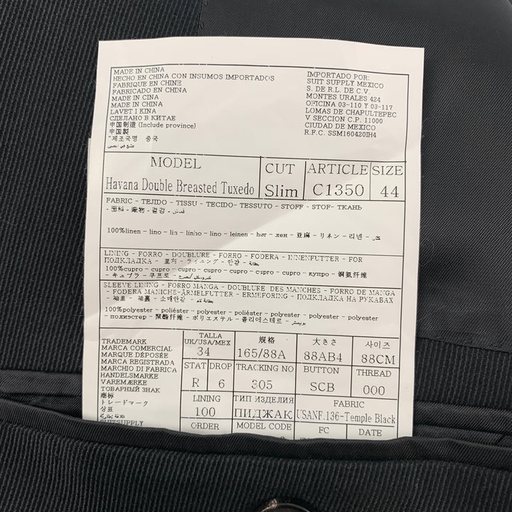 SUIT SUPPLY Size 34 Black Linen Double Breasted Sport Coat