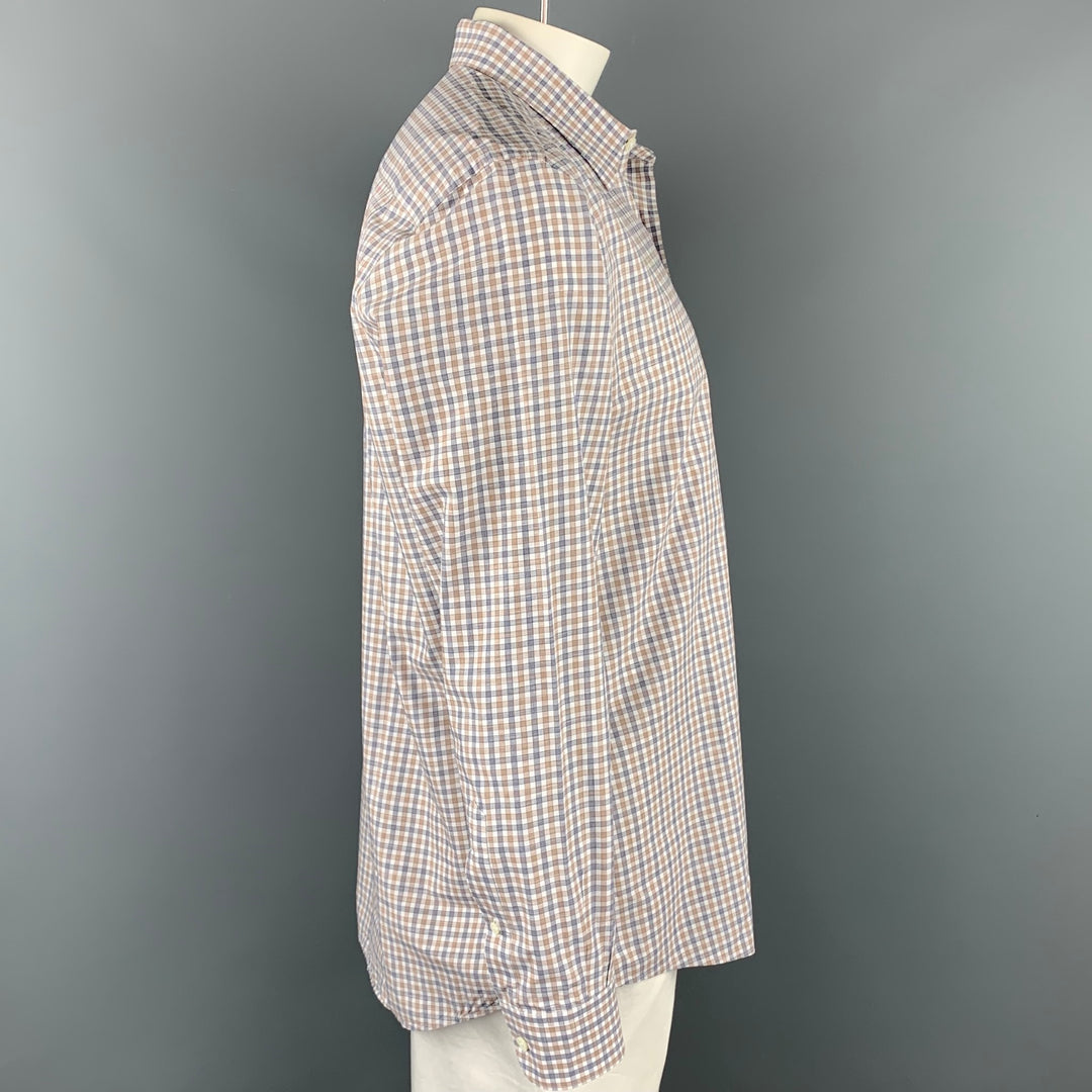 ERMENEGILDO ZEGNA Talla XL Camisa de manga larga de algodón a cuadros blanca y gris