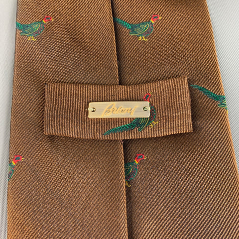 BRIONI Brown Green Bird Print Silk Tie