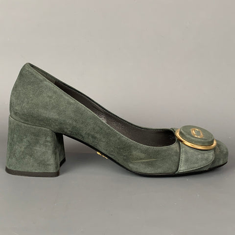 PRADA Talla 7 Zapatos de tacón grueso de ante gris y dorado