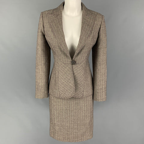 VALENTINO Size 6 Brown White Purple Virgin Wool Stripe Single Button Skirt Suit