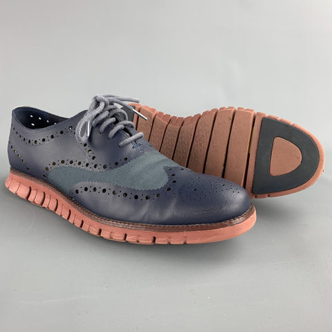 COLE HAAN Size 11 Navy Perforated Leather Wingtip Lace Up