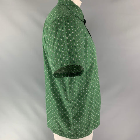 A.P.C. Size L Green Geometric Cotton &  Silk Short Sleeve Shirt