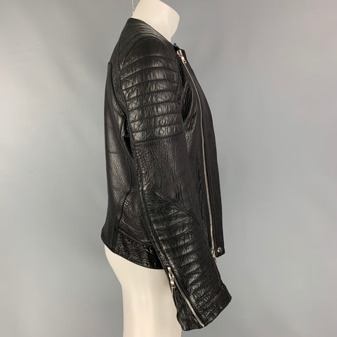 BALMAIN Taille 42 Veste de moto en cuir texturé noir à double fermeture éclair ouverte sur le devant