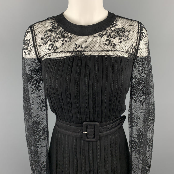 PRADA Size 10 Black Pleated Silk Lace Top Long Sleeve Cocktail Dress