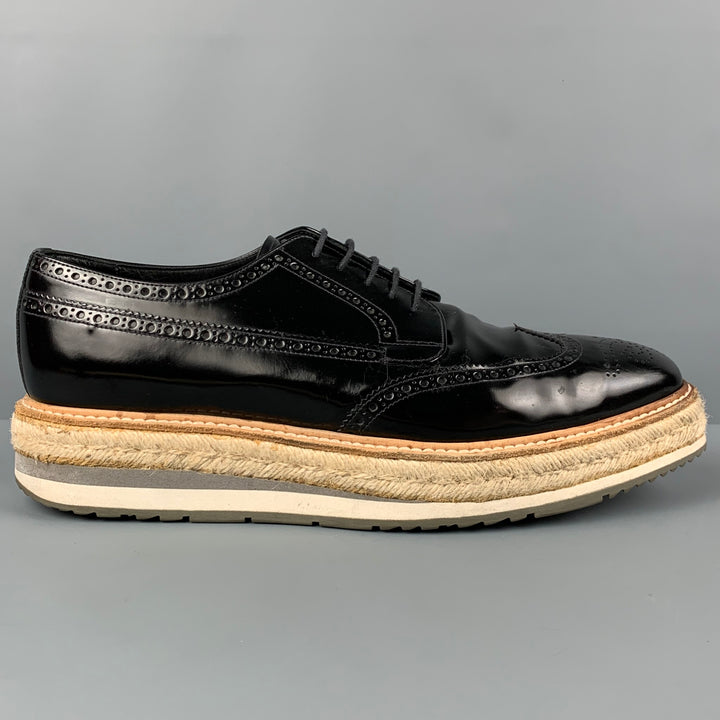 PRADA Size 10.5 Black Perforated Leather Wingtip Lace Up Shoes