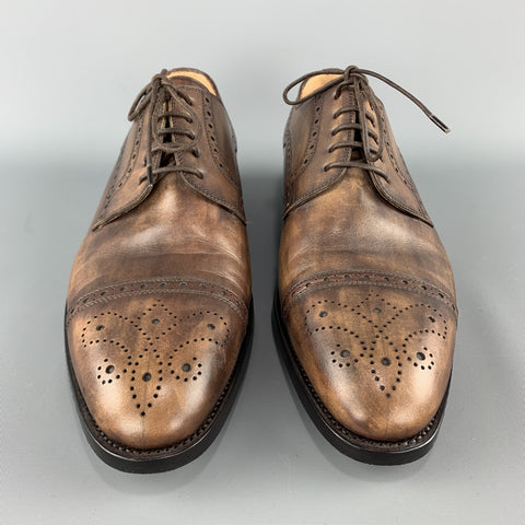 KITON Size 9 Brown Antique Effect Leather Cap Toe Lace Up Brogues