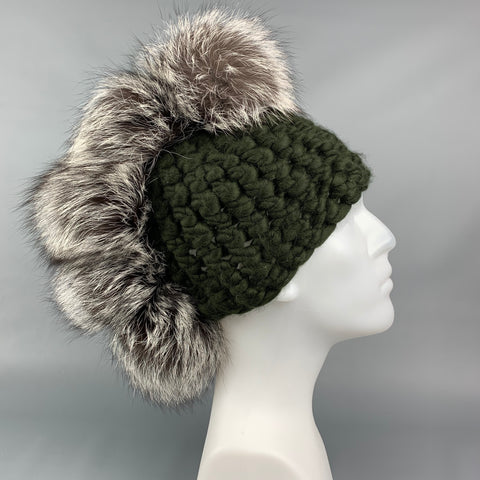 MISCHA LAMPERT Gorro XL Poms Pohawk de lana de punto verde oliva y marrón