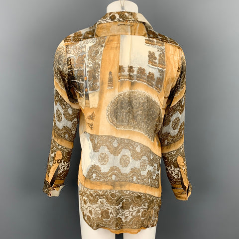 Vintage JEAN PAUL GAULTIER FEMME Size M Tan & Beige Print Silk Pleated Shirt