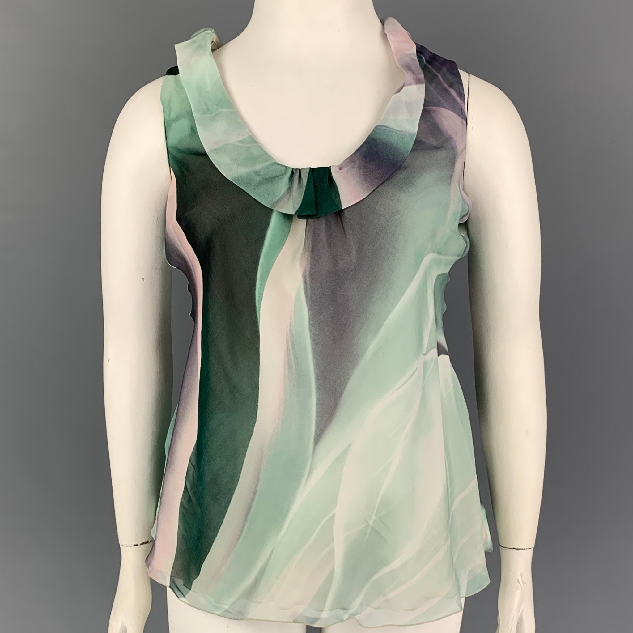 ARMANI COLLEZIONI Size 8 Green Purple Silk Marbled Ruffle Top