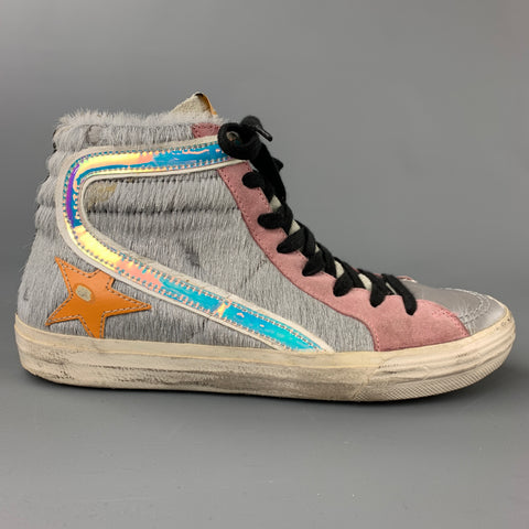 GOLDEN GOOSE Zapatillas con pasador de pelo de poni de cuero gris y rosa Talla 8