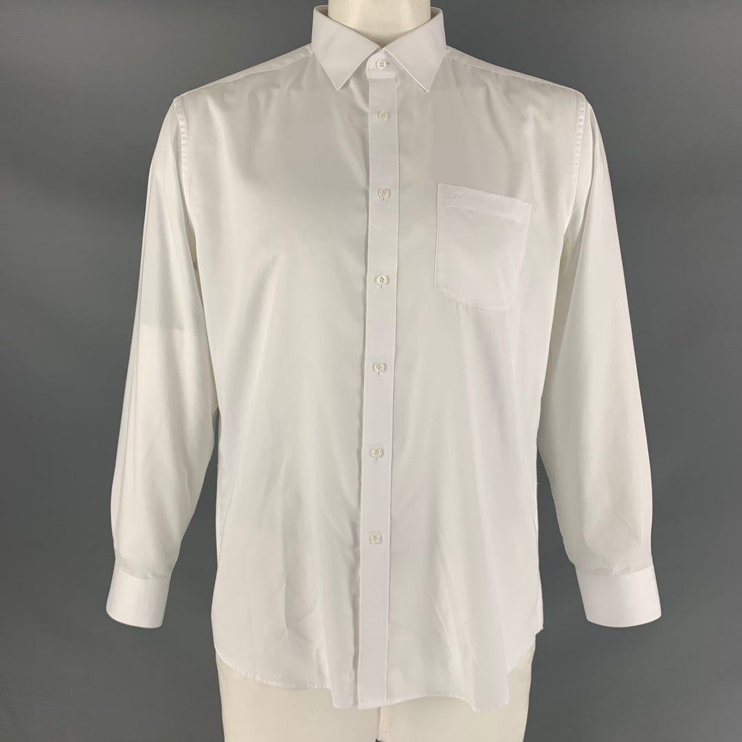 S.T.DUPONT Size L White Solid Cotton Button Up Long Sleeve Shirt