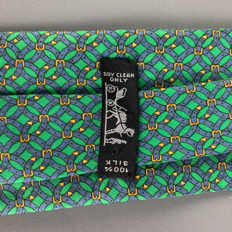 HERMES 7044 TA Green Blue Belt Buckle Print Silk Tie