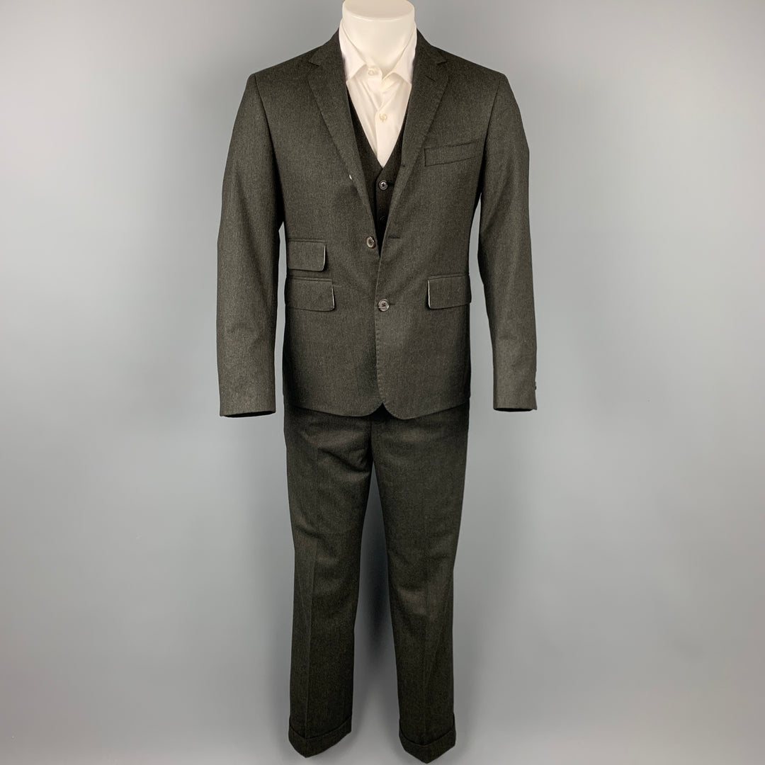 BLACK FLEECE Size 38 Charcoal Grid Wool Notch Lapel 3 Piece Suit
