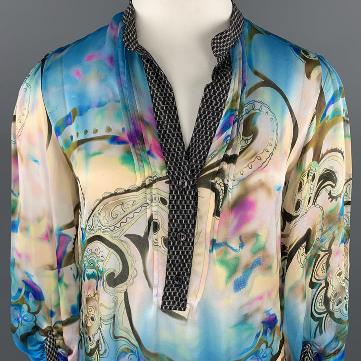 ETRO Talla 12 Blusa de gasa de seda con estampado de cachemira azul