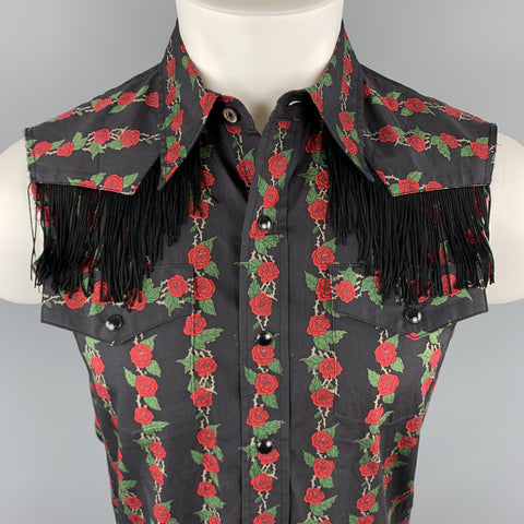 NUMBER (N)INE Taille M Noir &amp; Rouge Floral Coton Fringe Snaps Western Chemise sans manches