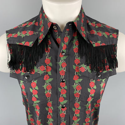 NUMBER (N)INE Size M Black & Red Floral Cotton Fringe Snaps Western Sleeveless Shirt