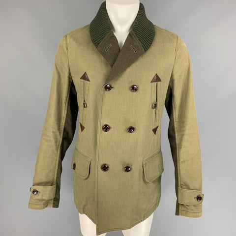 JUNYA WATANABE Size L Olive Mixed Materials Cotton / Hemp Double Breasted Coat