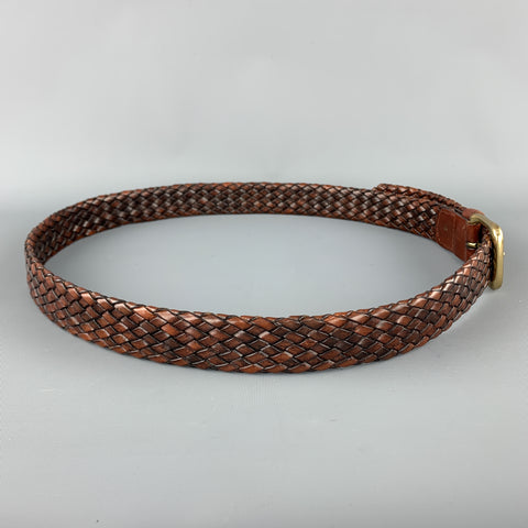 VINTAGE Sz 36 Woven Brown Leather Gold Brass Buckle Belt