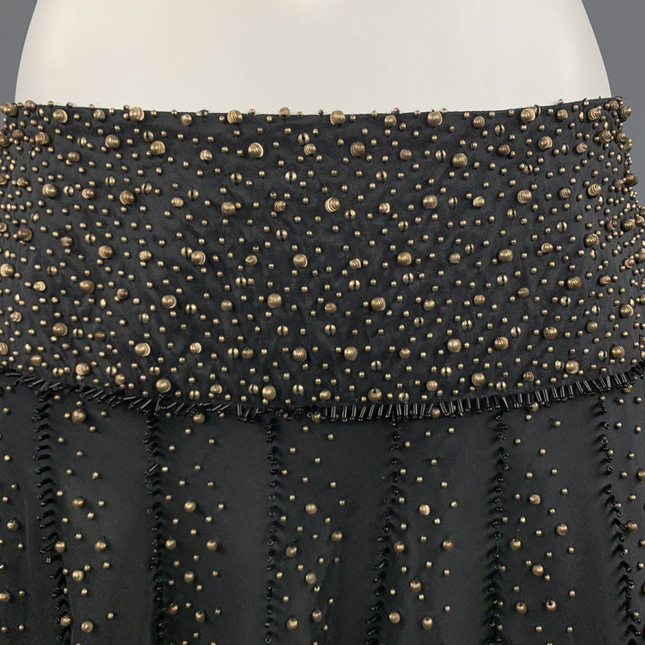 NAEEM KHAN Size 6 Black Gold Tone Metal Beaded Silk A Line Skirt