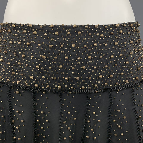 NAEEM KHAN Size 6 Black Gold Tone Metal Beaded Silk A Line Skirt