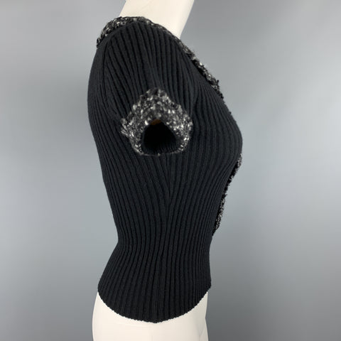 CAROLINA HERRERA Size 6 Black Wool Blend Gray Trim Short Sleeve Button Pullover