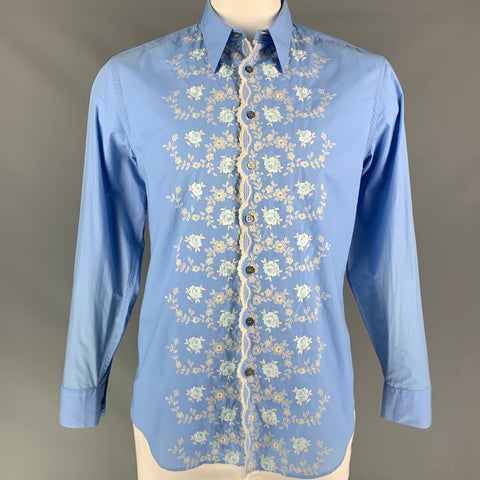PAUL SMITH Size L Blue Embroidery Cotton Button Up Long Sleeve Shirt