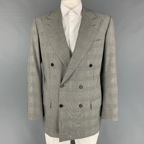 KITON for WILKES BASHFORD Size 44 Black White Glenplaid Wool Double Breasted Sport Coat