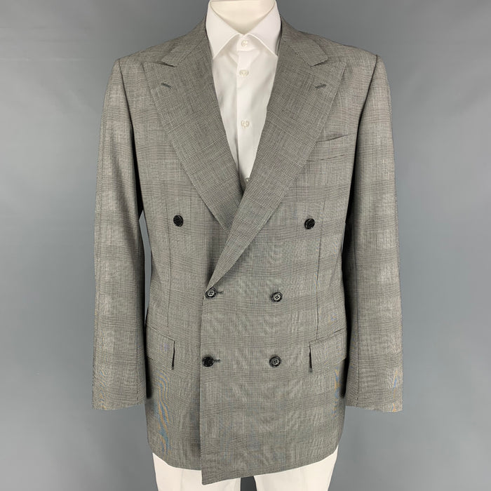 KITON for WILKES BASHFORD Size 44 Black White Glenplaid Wool Double Breasted Sport Coat