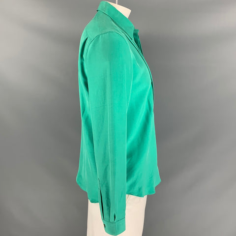 BURBERRY PRORSUM Spring 2014 Size L Jade Green Pleated Silk Long Sleeve Shirt