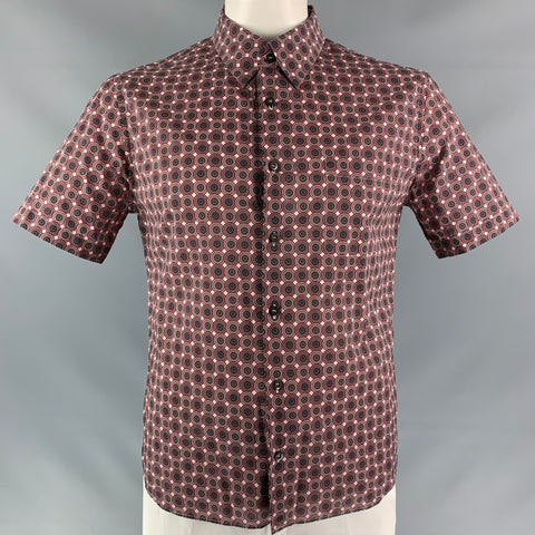 PRADA Size L Red & Light Pink Geometric  Button Down Short Sleeve Shirt