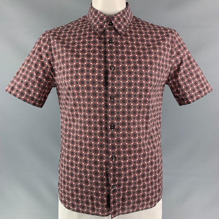 PRADA Size L Red & Light Pink Geometric  Button Down Short Sleeve Shirt