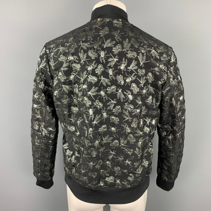 PAUL SMITH Dreamer Size L Black & Silver Jacquard Wool Blend Zip Up Bomber Jacket