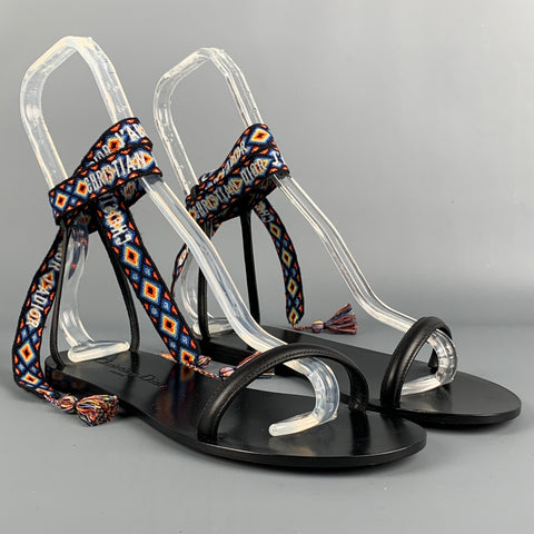 DIOR Size 6 Black Leather Knitted Ankle Strap Sandals
