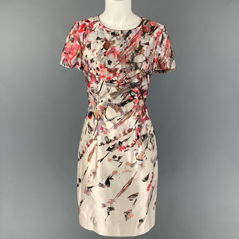 CAROLINA HERRERA Taille 4 Robe à manches courtes abstraite en soie de coton rouge crème