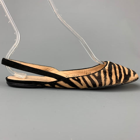RALPH LAUREN Talla 8.5 Zapatos planos de pelo de becerro con estampado de cebra en beige y marrón