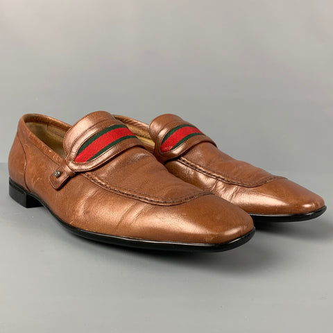 Vintage GUCCI Tamaño 7.5 Bronceado Verde Rojo Slip On Mocasines