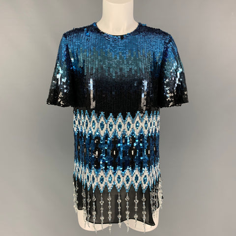 PRABAL GURUNG Size XS Blue Black Embroidered Silk Sequined Short Sleeve Dress Top