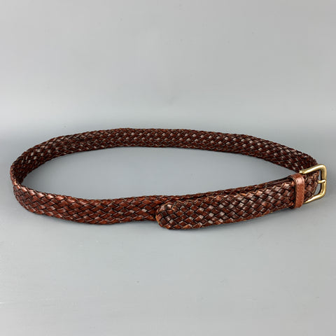 VINTAGE Size 36 Woven Brown Leather Gold Tone Brass Buckle Belt