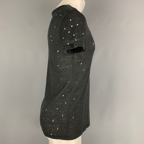 IRO Size XS Black Distressed Linen Crew-Neck T-shirt